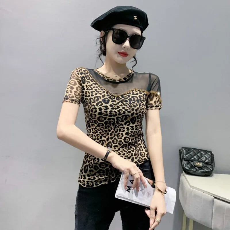 T-shirt a rete Zomer Luipaard per donne