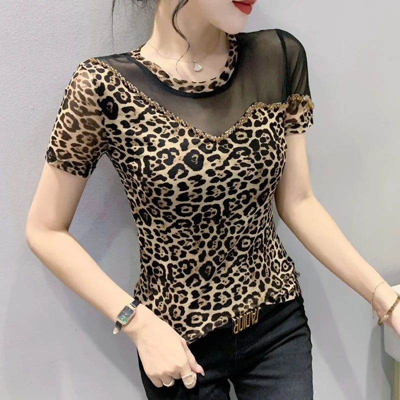 T-shirt a rete Zomer Luipaard per donne