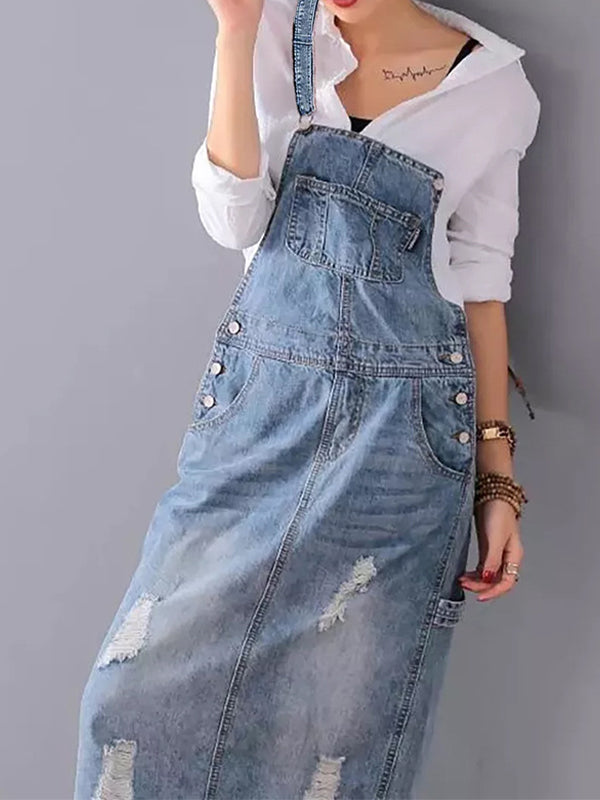 Denim dress with back slit and distressed look - UrbanGlow