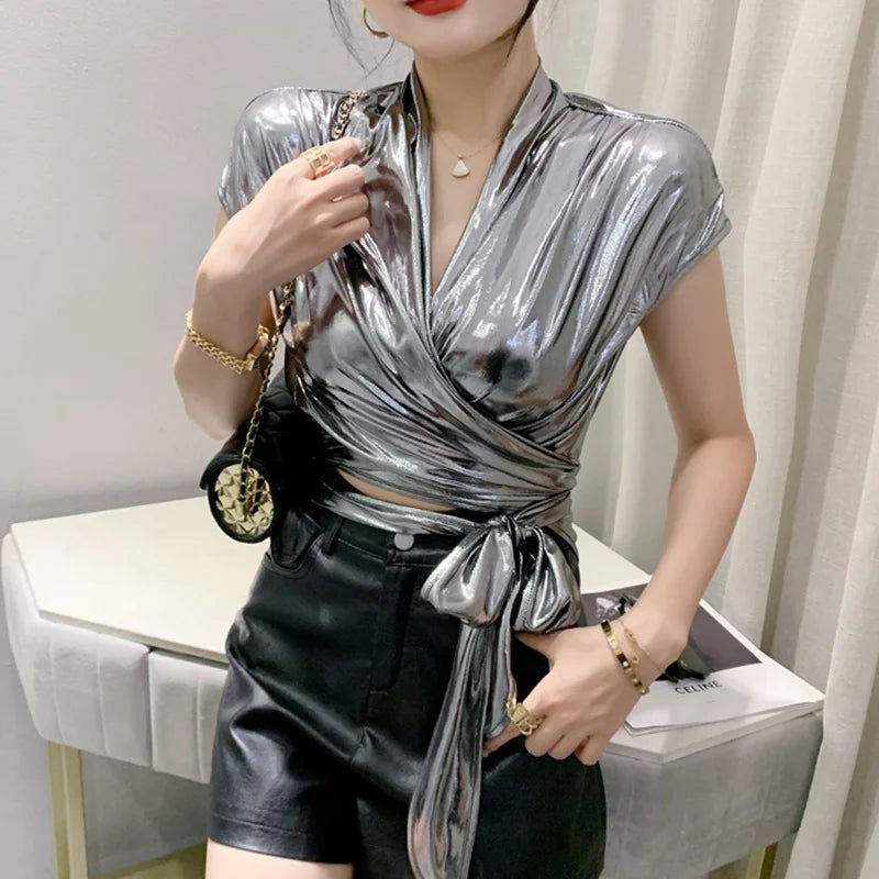 GlamorousGlow Shiny Sleeveless T-Shirt