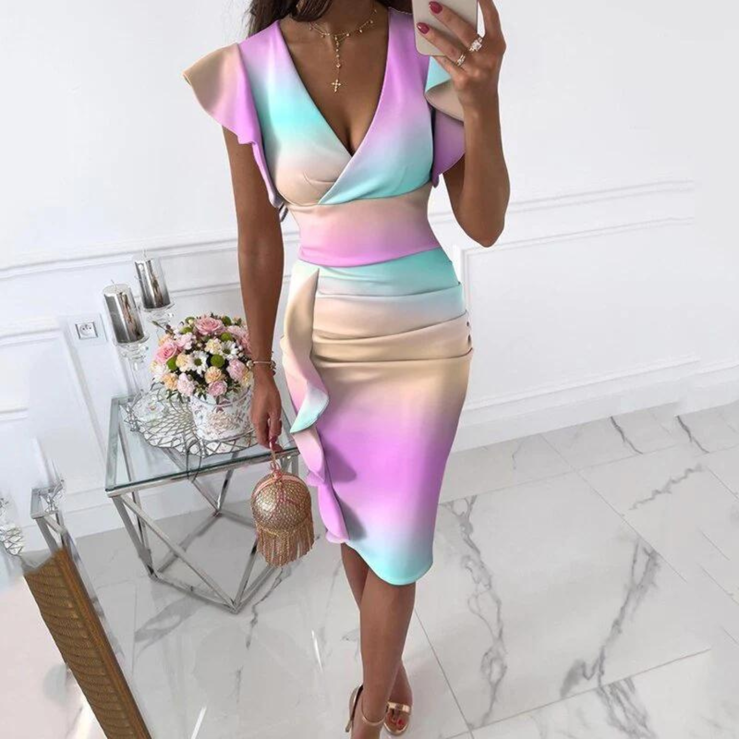 VELANORA Dress with gathered sleeves and a V-neckline