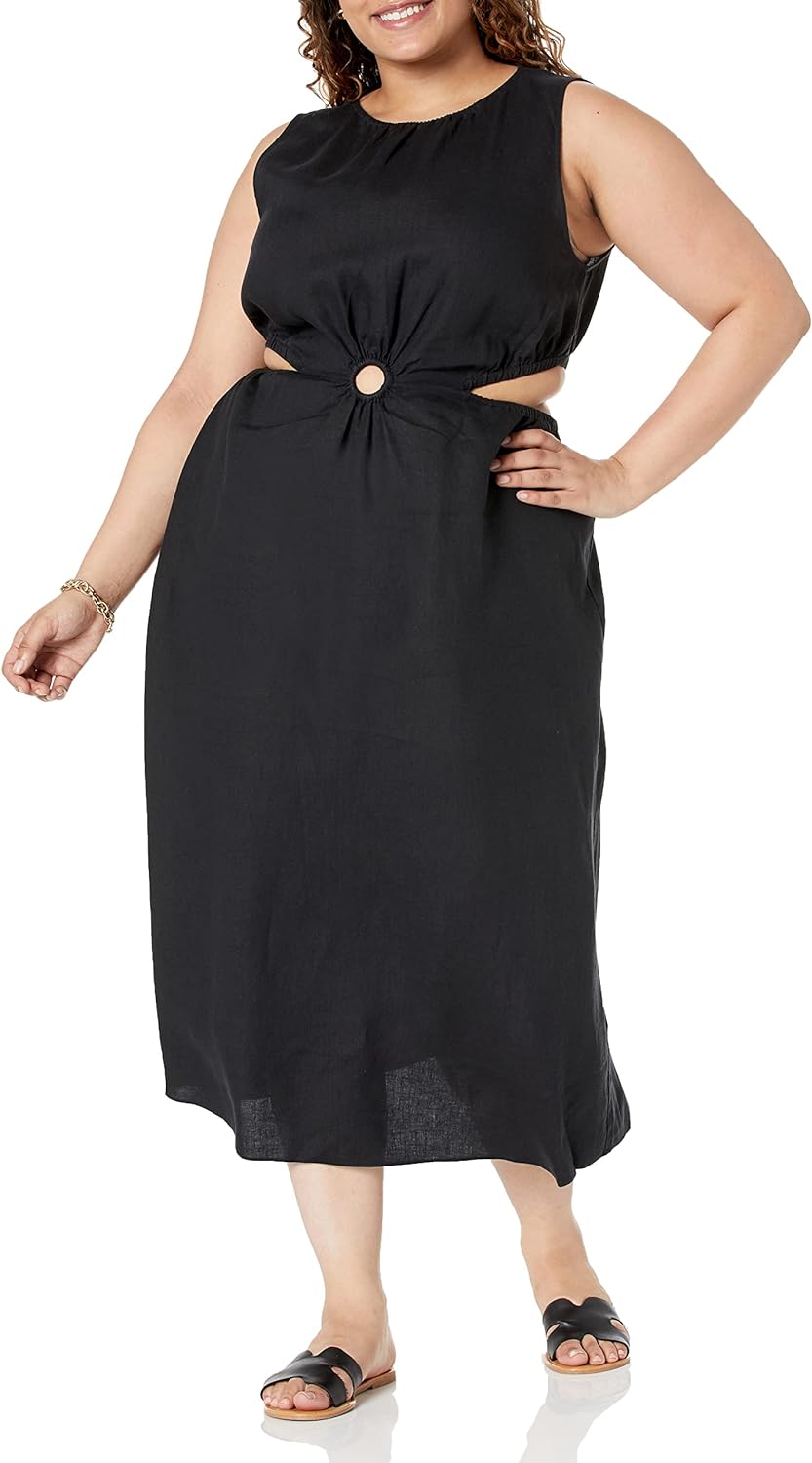 GlamourVrouw Sade Linnen Cutout Midi Jurk voor Stijlbewuste Vrouwen