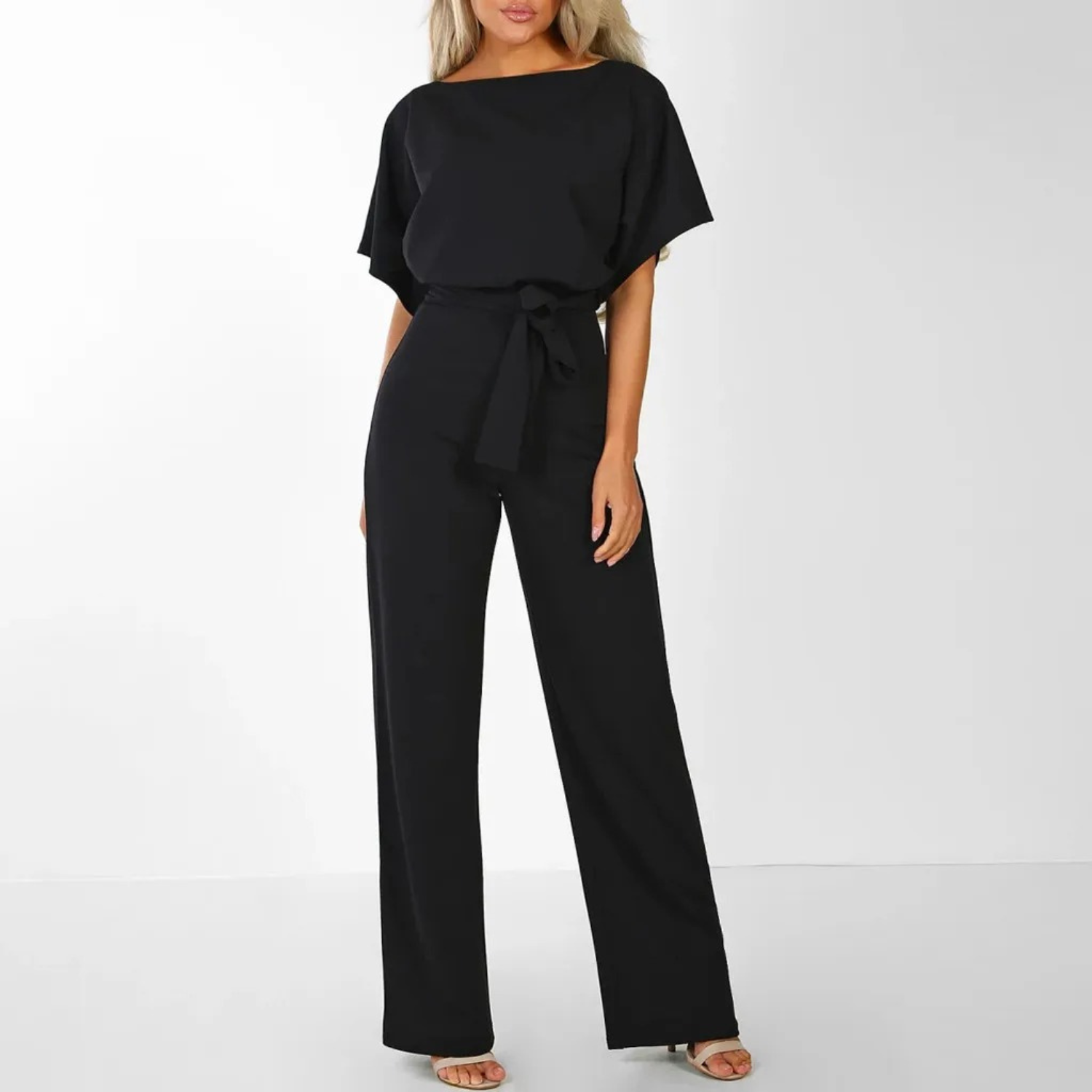 VELANORA red o-neck simple high waist pants jumpsuit