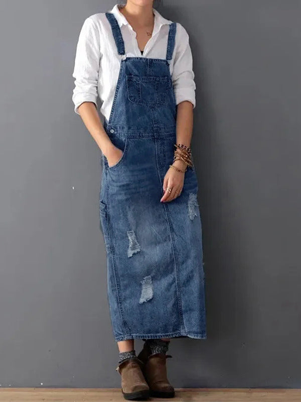 Denim dress with back slit and distressed look - UrbanGlow