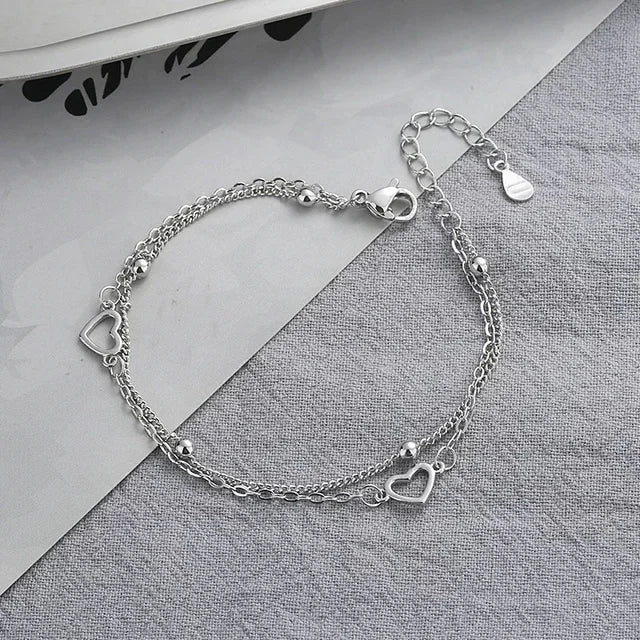 Betoverende 925 Sterling Zilveren Dubbele Liefde Hart Holle Ronde Kralen Armband