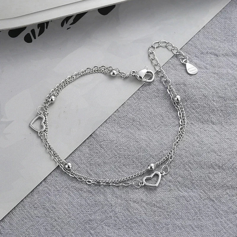 Betoverende 925 Sterling Zilveren Dubbele Liefde Hart Holle Ronde Kralen Armband