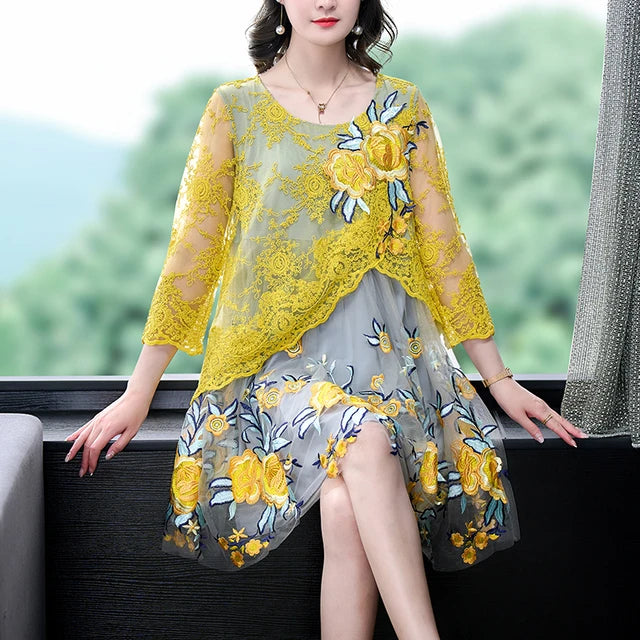 Aimeili Luxe Borduurwerk Mesh Jurk voor Dames