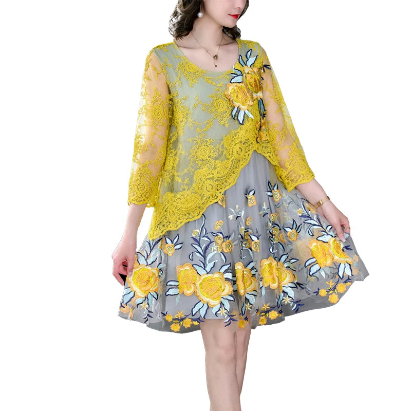 Aimeili Luxe Borduurwerk Mesh Jurk voor Dames