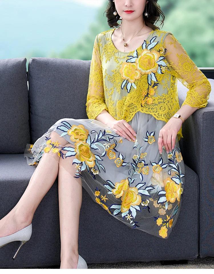 Aimeili Luxe Borduurwerk Mesh Jurk voor Dames