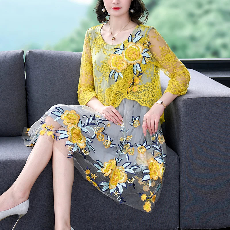 Aimeili Luxe Borduurwerk Mesh Jurk voor Dames