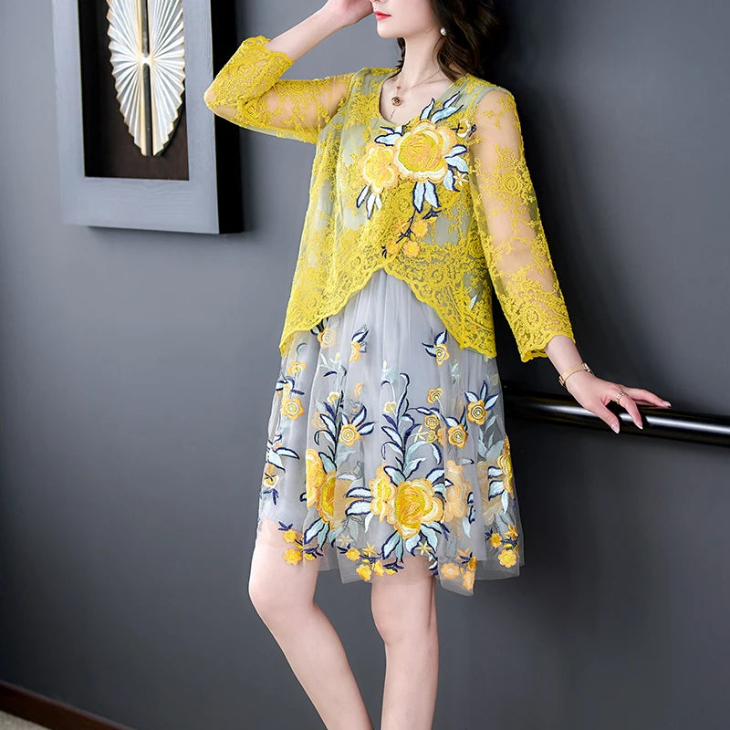 Aimeili Luxe Borduurwerk Mesh Jurk voor Dames