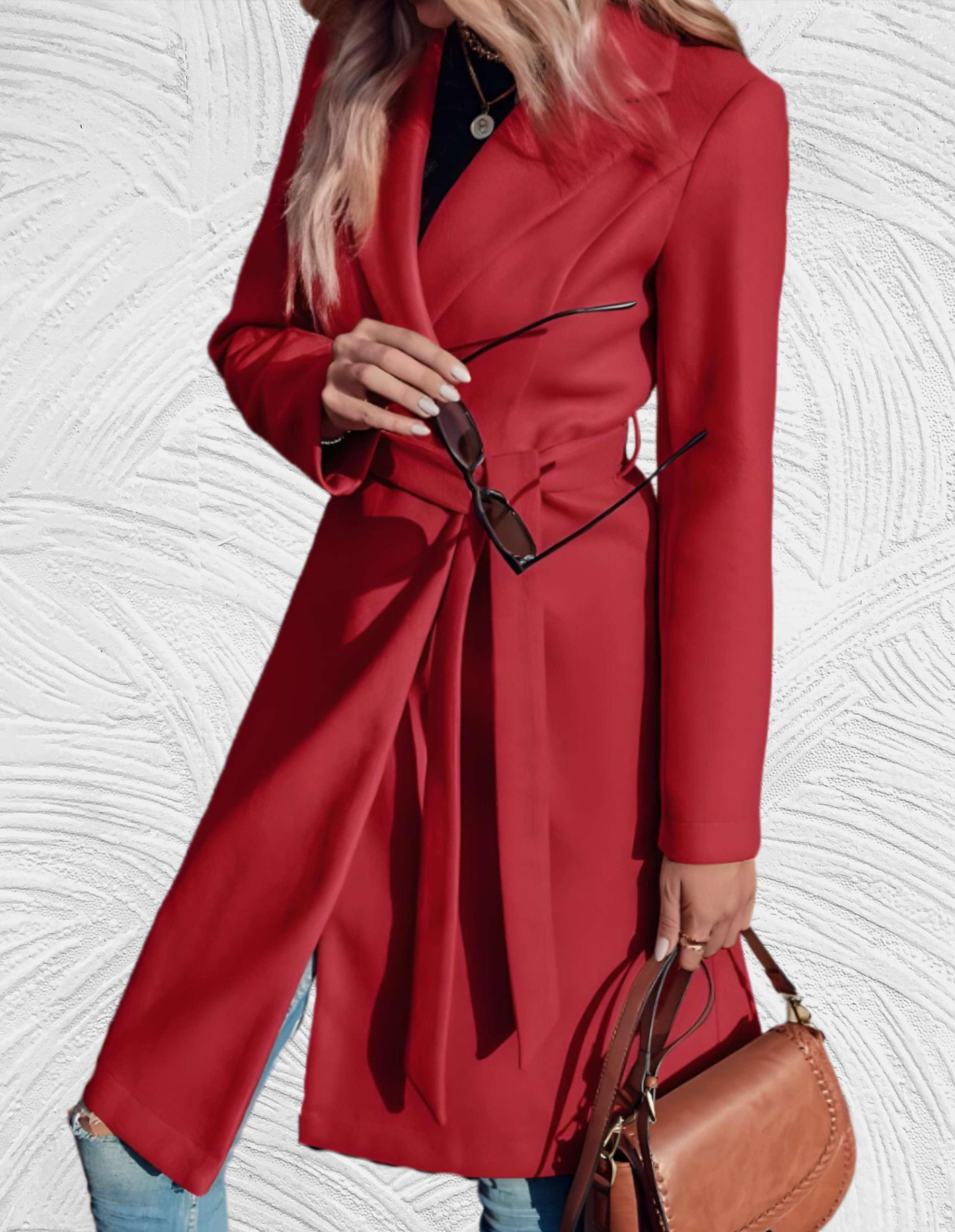 Velanora- Lange formele trench coat met riem om taille