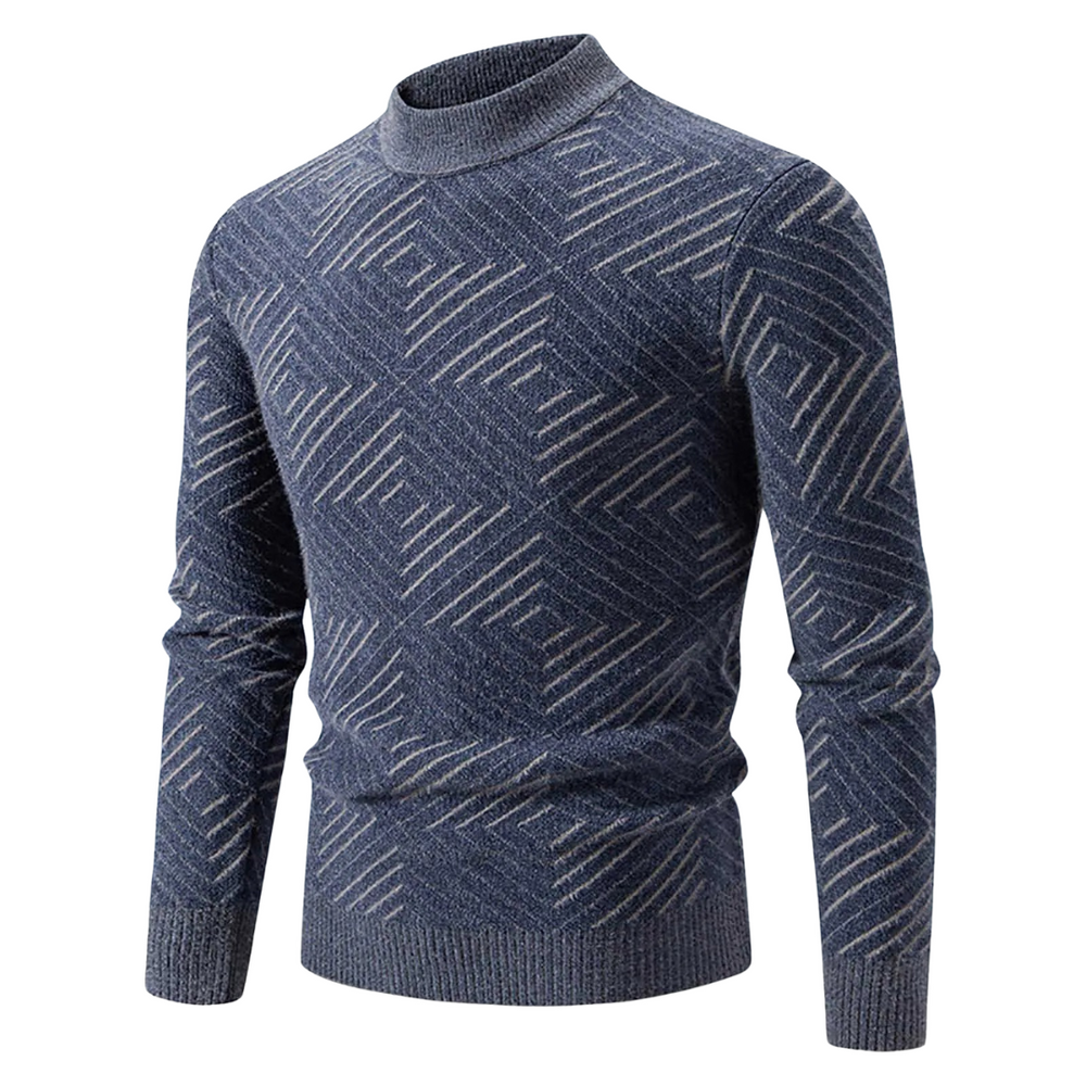 Arlano trendy trui in donkerblauw met een opvallend geometrisch patroon. De trui heeft een moderne pasvorm, lange mouwen en een hoge kraag, ideaal voor een stijlvolle en casual look. Perfect voor elke gelegenheid in de koudere maanden.