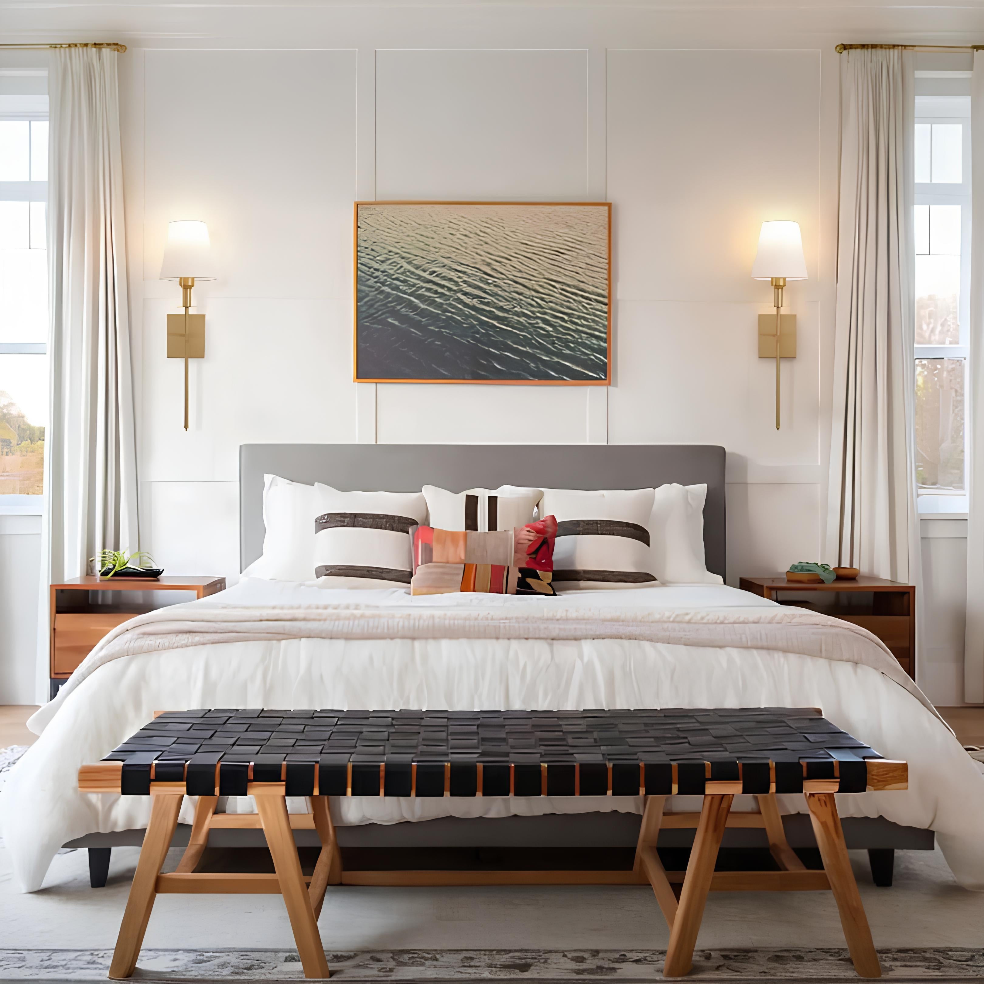 De Aurelia Wall Light met een klassieke gouden afwerking, geplaatst naast het bed in een stijlvolle slaapkamer. De lampen voegen verfijnde verlichting toe aan de kamer, terwijl het rustige interieur een gevoel van comfort en elegantie biedt.