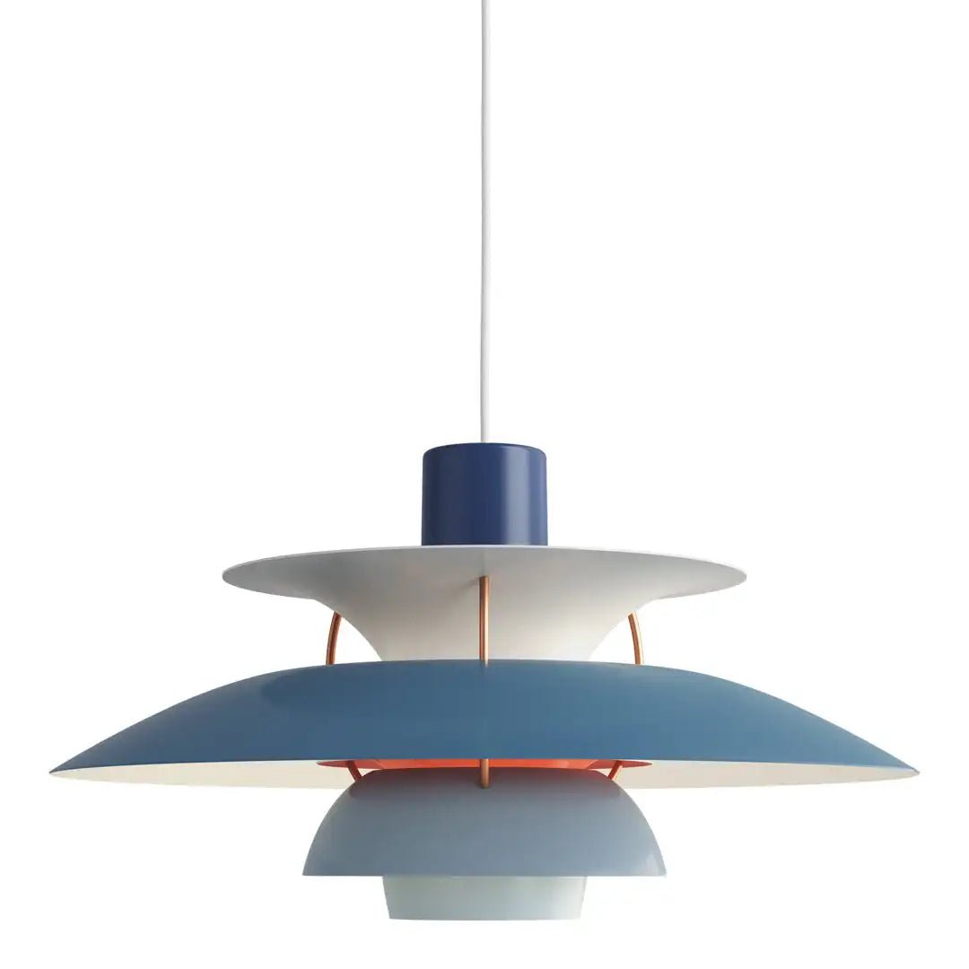 Aurora Luxe Plafondlamp in een stijlvolle blauwe en witte afwerking met oranje accenten, perfect voor modern interieurdesign en energiezuinige verlichting.