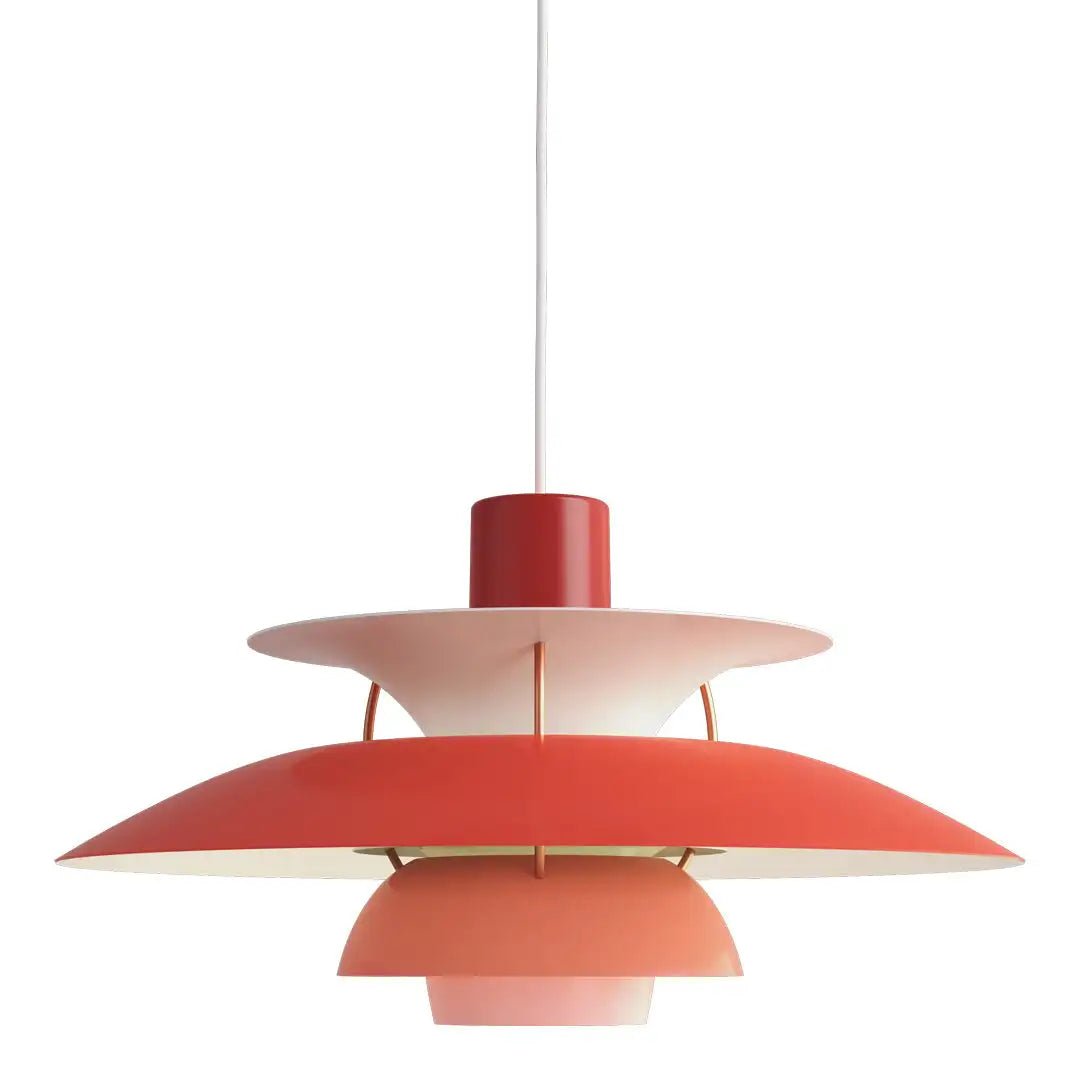 Aurora Luxe Plafondlamp in een levendige rode en roze kleurstelling, ontworpen voor modern interieur met energiezuinige verlichting.