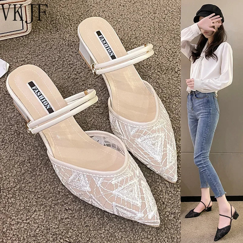 Baotou sandals for women, summer, thick heels, 2024 new medium heels for women, fairy style sandals for women