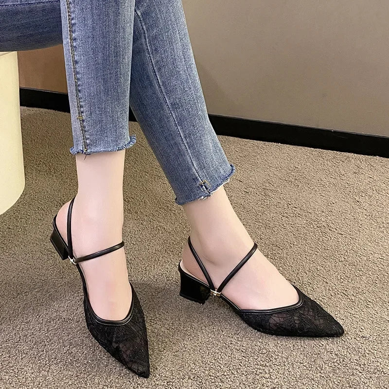 Baotou sandals for women, summer, thick heels, 2024 new medium heels for women, fairy style sandals for women