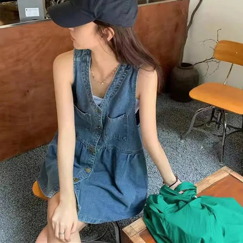 Biyaby Denim Strap Jurk