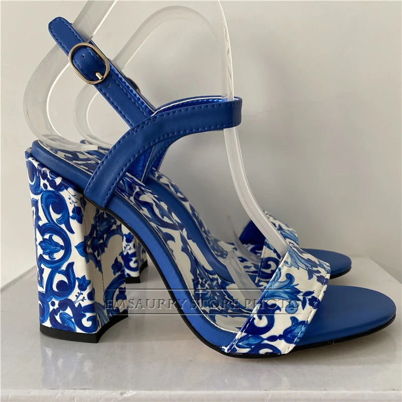 ZomerGloed Blue and White Porcelain Print Sandals