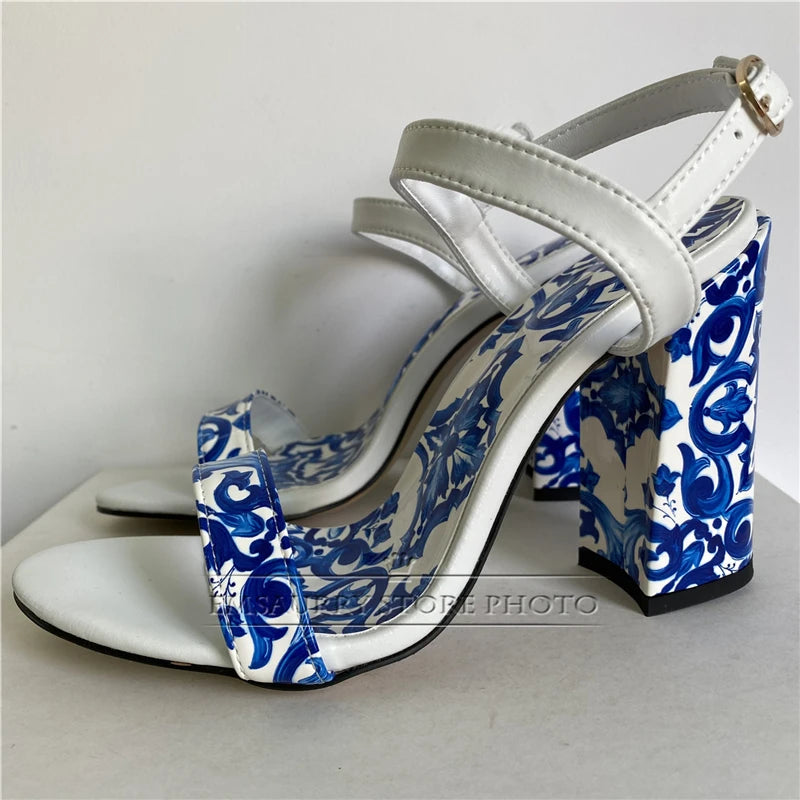ZomerGloed Blue and White Porcelain Print Sandals
