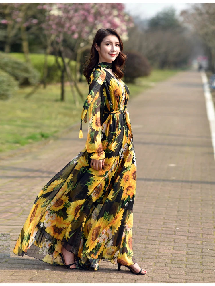 GoldenAura Vestito Maxi Stampato a Fiori