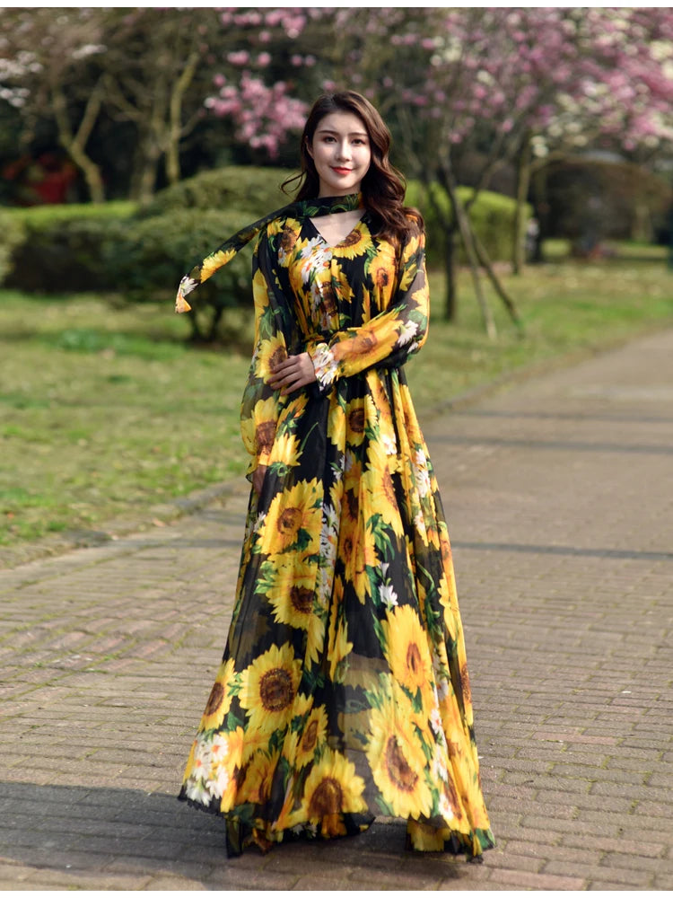 GoldenAura Vestito Maxi Stampato a Fiori