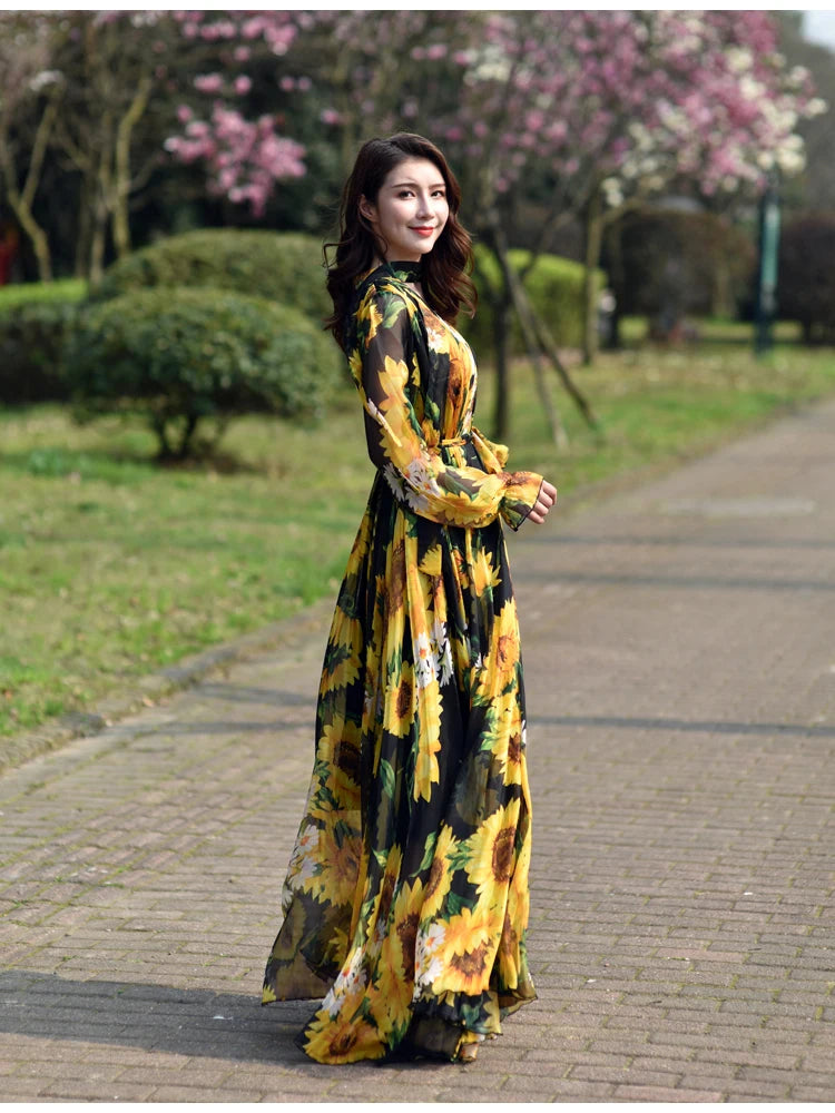 GoldenAura Vestito Maxi Stampato a Fiori