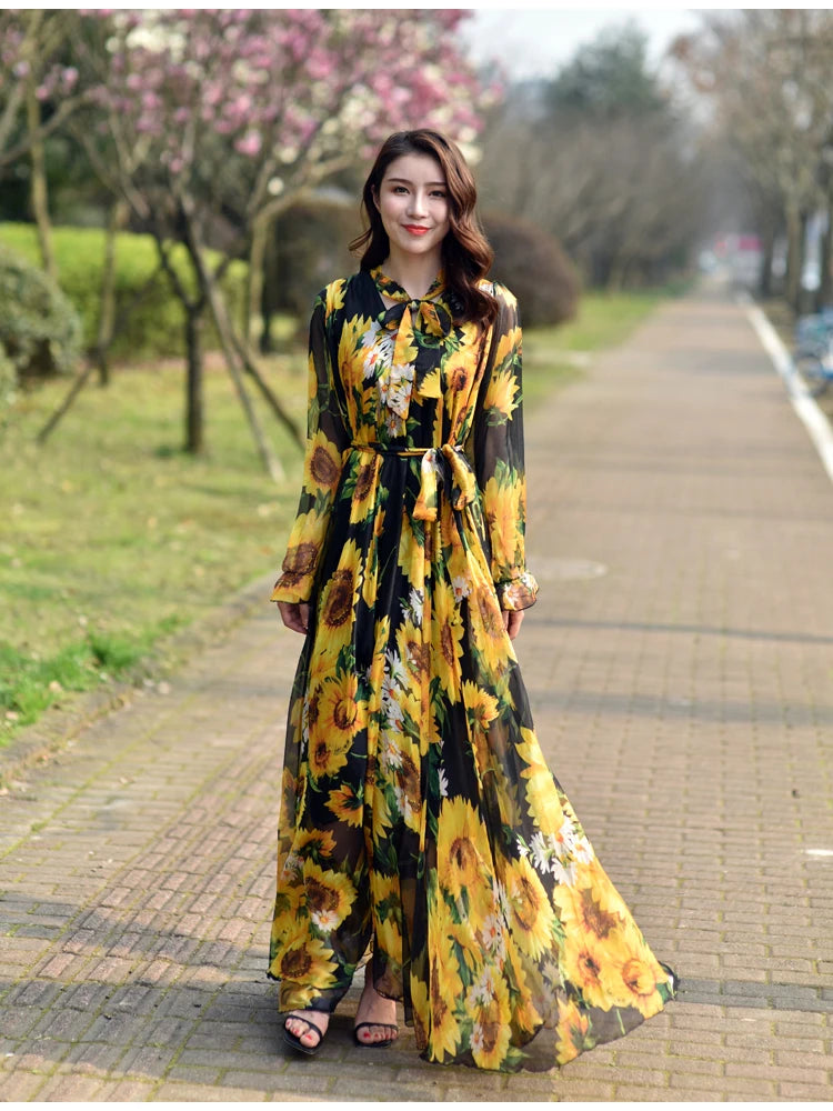 GoldenAura Vestito Maxi Stampato a Fiori