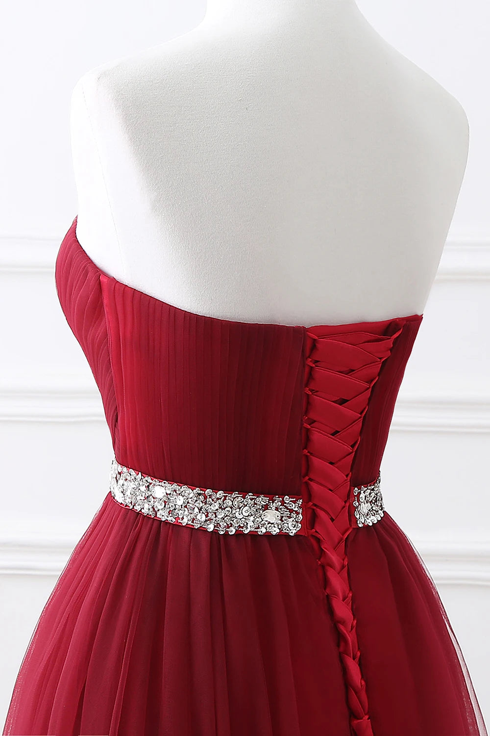 Enchanting Bordeaux Red Tulle Evening Dress with Lace and Crystals