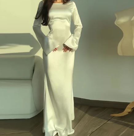 VELANORA elegant satin party dress with long sleeves