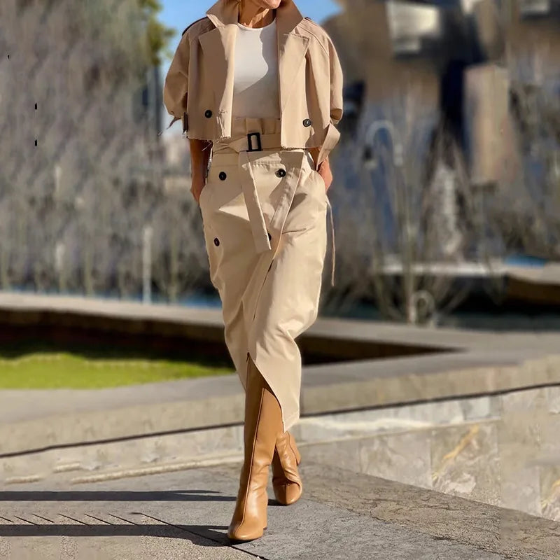 LuxeLade Elegante Knoopriem Jurk Set met Splitrok