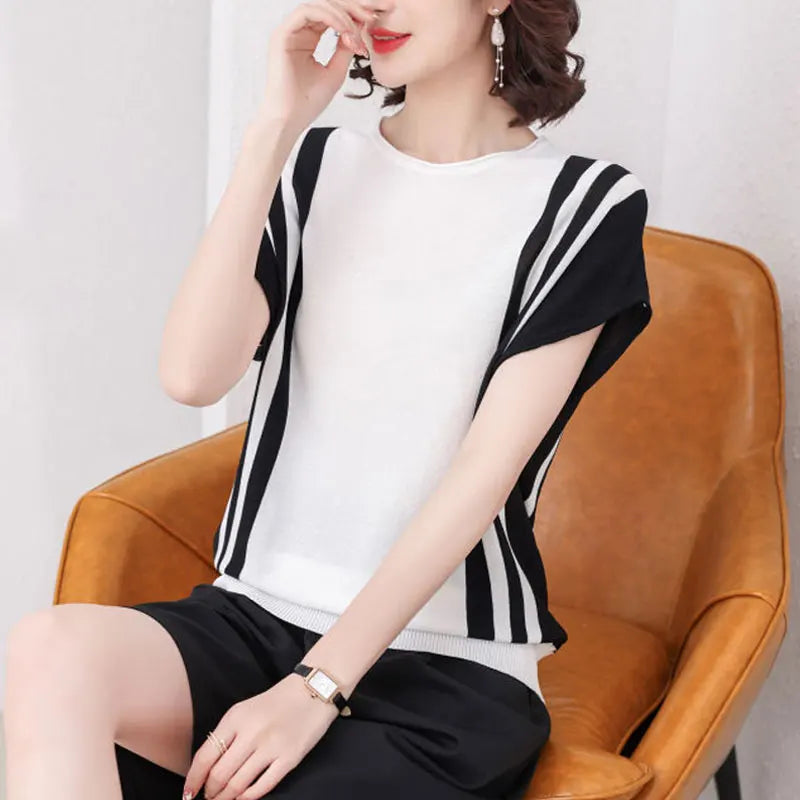 Pull patchwork rayé d'été pour femmes de l'été 2024.