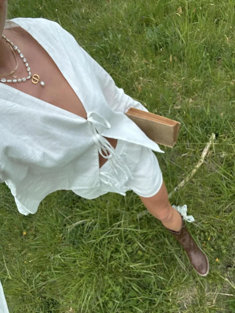 Luxe Letter Casual Linen Bow Blouse