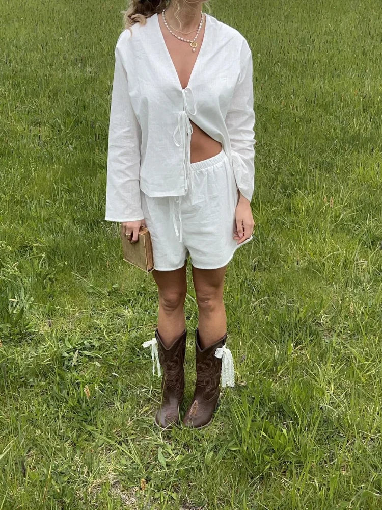 Luxe Letter Casual Linen Bow Blouse