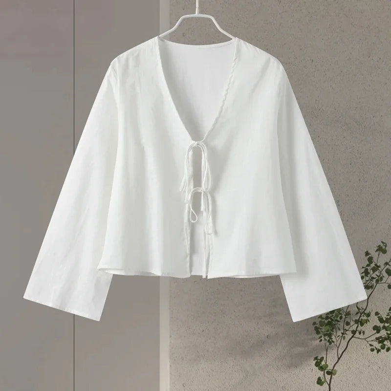 Luxe Letter Casual Linen Bow Blouse