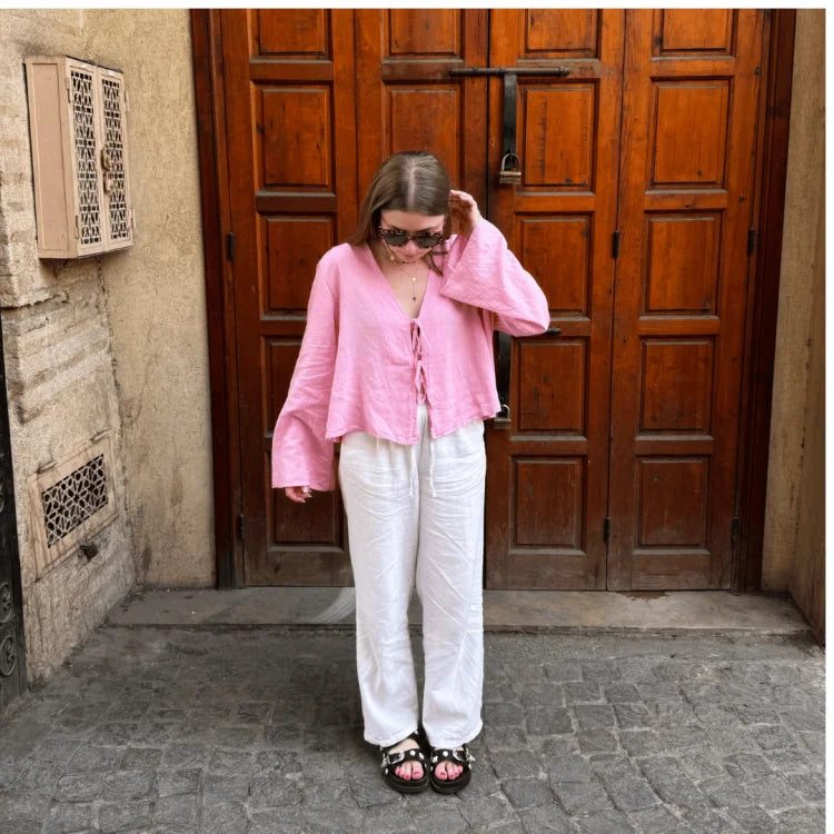 Luxe Letter Casual Linen Bow Blouse