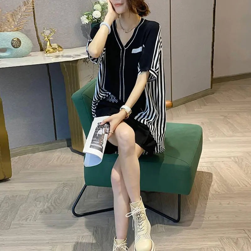 Aurora Casual Loose Striped V-neck Shirts