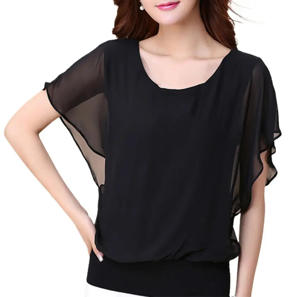 Chique Chiffon Bluse - Damenoberteil in Einfarbiger Farbe mit Fledermausärmeln und Rüschen