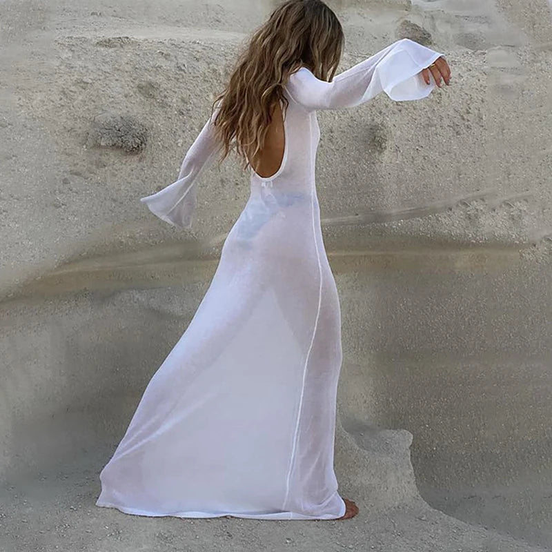 Luna Witte Gebreide Strandjurk met Lange Mouwen