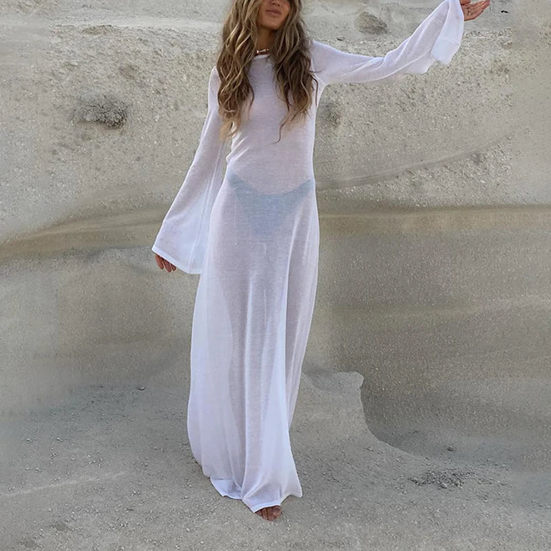 Luna Witte Gebreide Strandjurk met Lange Mouwen