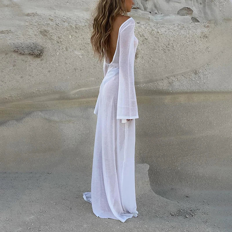 Luna Witte Gebreide Strandjurk met Lange Mouwen