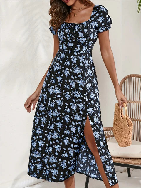 Zomerse Lange Bloemenprint Jurk met Zijdelingse Split