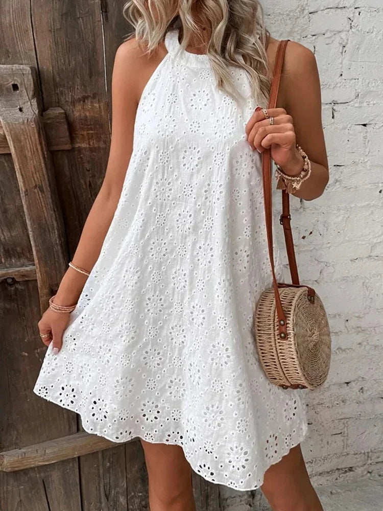 Ladies Elegant Summer Mini Dress White Sleeveless Party Dress