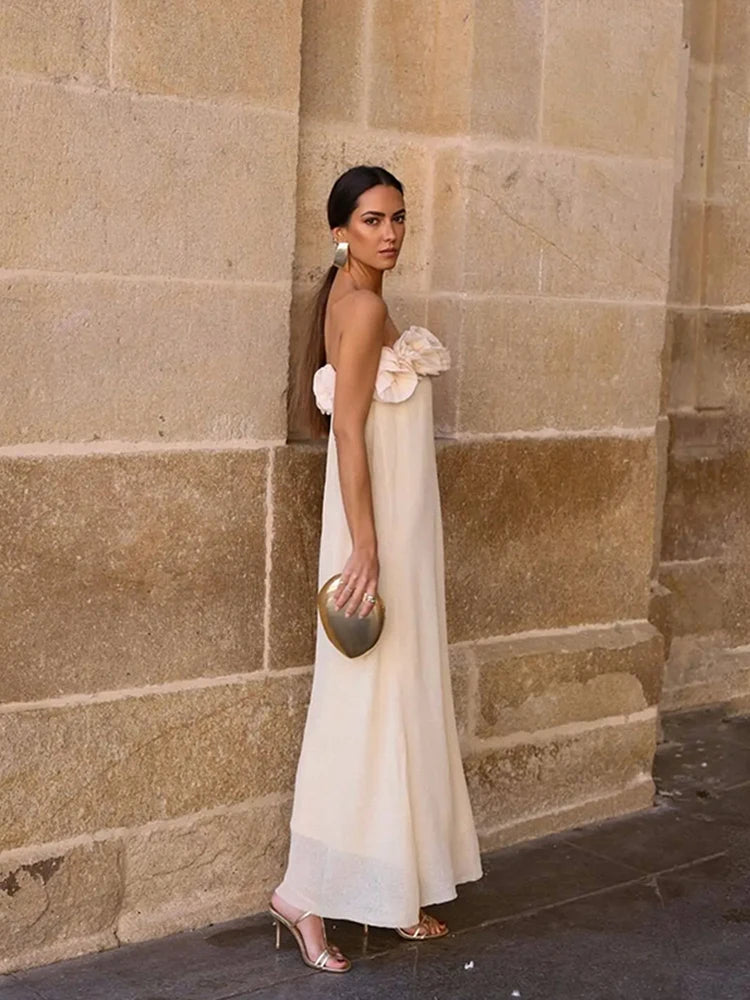 Bella Strapless 3D Bloem Bustier Lange Jurk