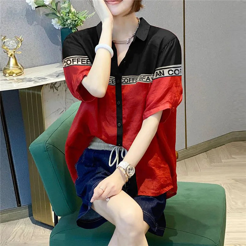 Koreaanse Stijl Letter Print Patchwork Blouse