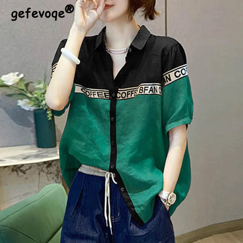 Koreaanse Stijl Letter Print Patchwork Blouse