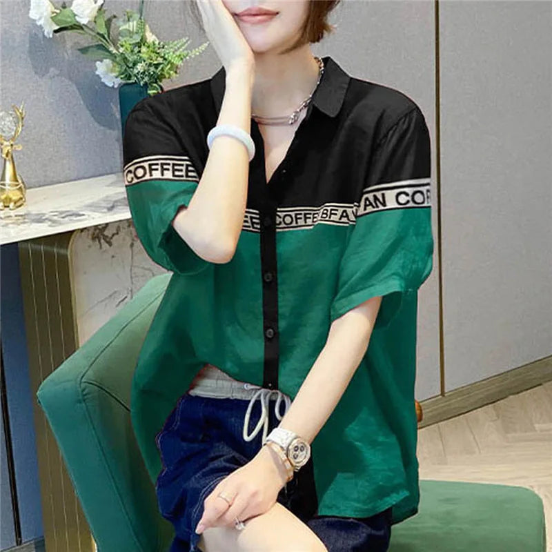 Koreaanse Stijl Letter Print Patchwork Blouse