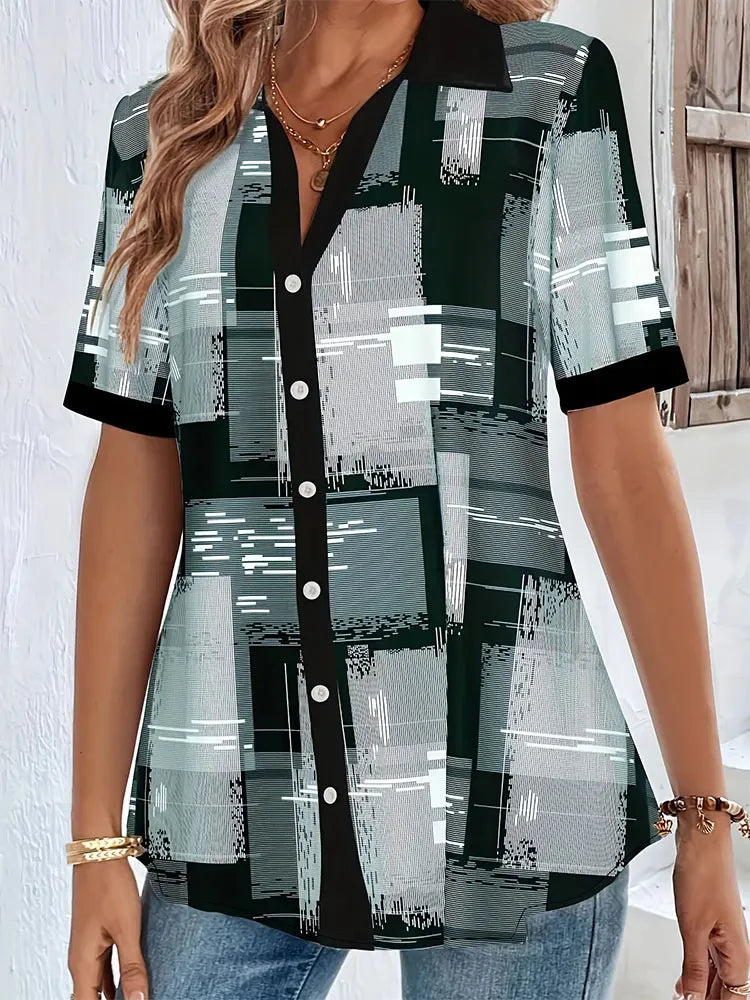 Blouse à imprimé géométrique rétro pour le printemps et l'automne