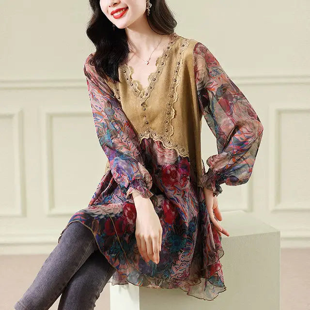 Vintage Midi Jurk met Chiffon en Bloemenpatroon
